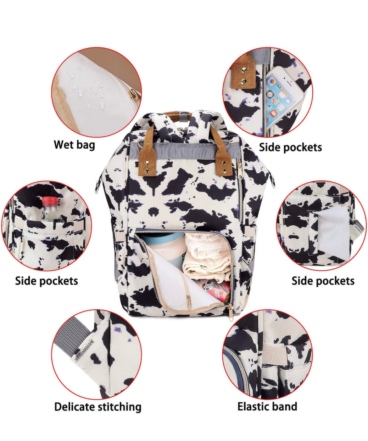 Cow Print Diaper Bag with custom embroidery name or monogram | monogram diaper bag