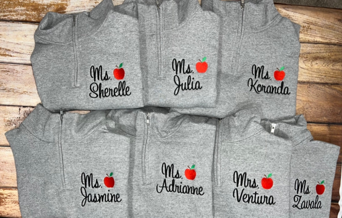 Personalized Teacher Quarter Zip Sweatshirt | Teacher Name and Apple Zip Pullover | teacher gift