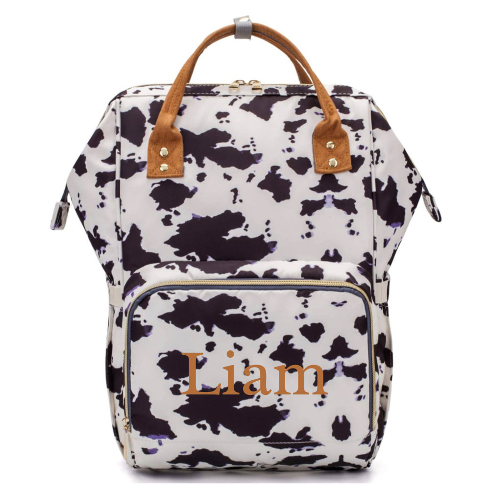 Cow Print Diaper Bag with custom embroidery name or monogram | monogram diaper bag