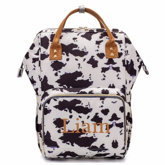 Cow Print Diaper Bag with custom embroidery name or monogram | monogram diaper bag