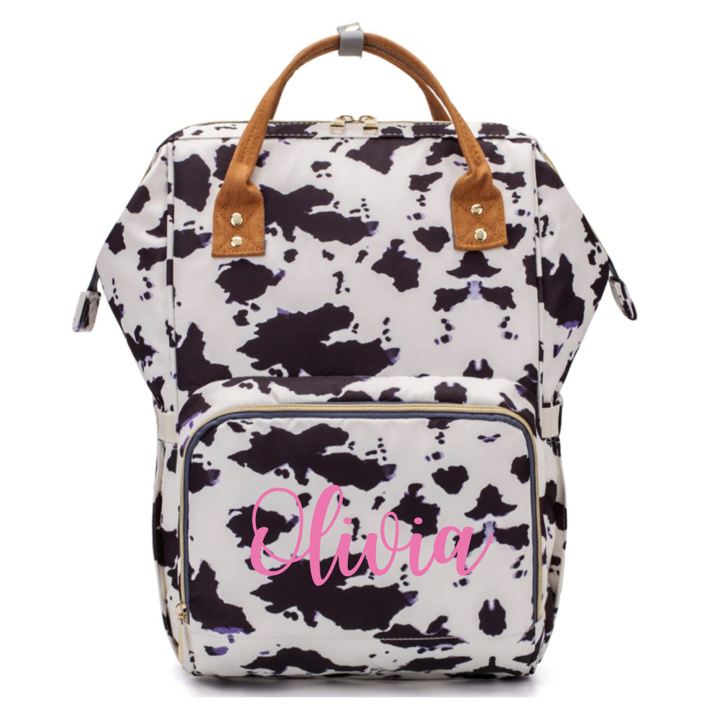 Cow Print Diaper Bag with custom embroidery name or monogram | monogram diaper bag