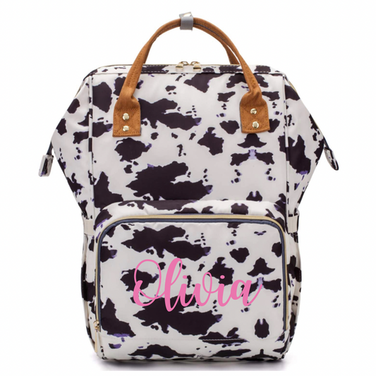 Cow Print Diaper Bag with custom embroidery name or monogram | monogram diaper bag