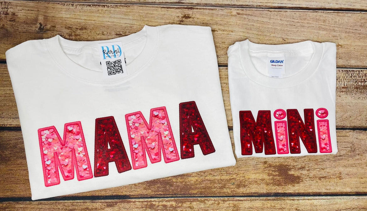 Mama, mini valentines days faux appliqué shirt