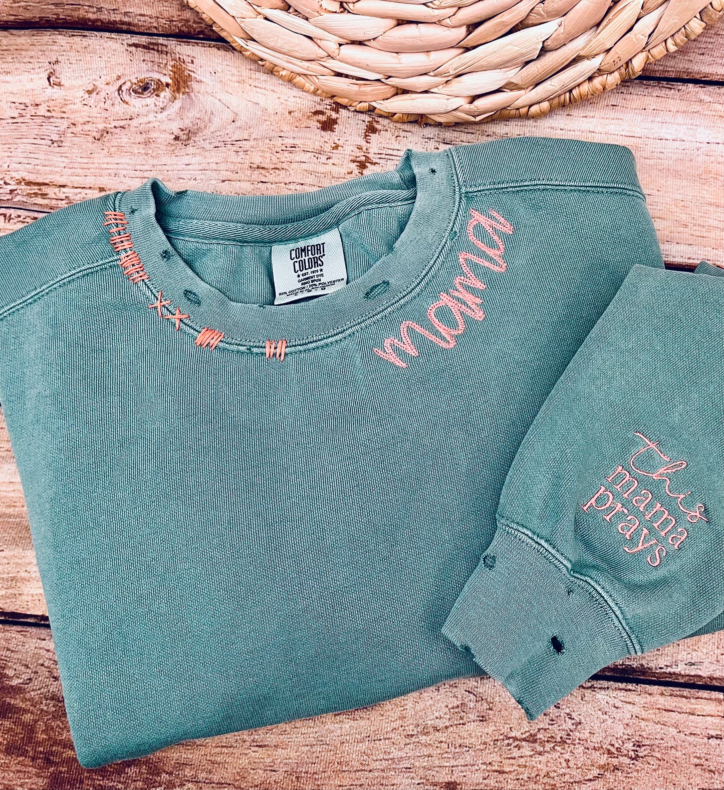 Mama (custom) sweatshirt Distressed hand embroidery and machine embroidery COMFORT COLOR