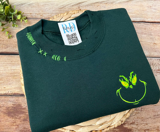 Distressed hand embroidery and machine embroidery green sweatshirt