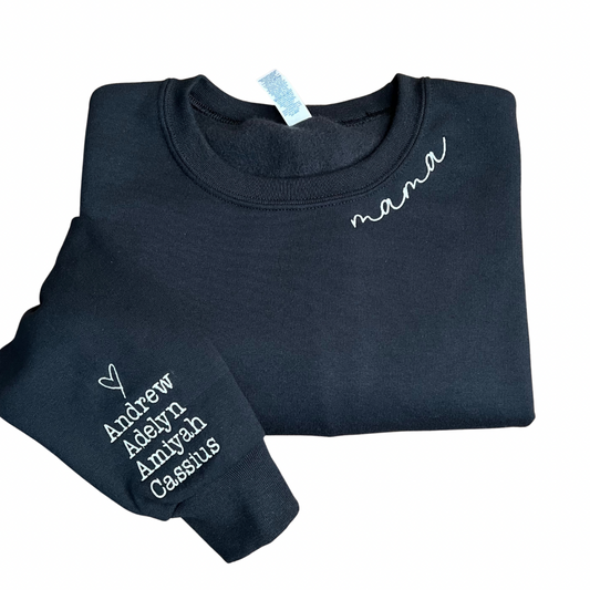 Mama embroidered on collar with names on sleeve sweatshirts