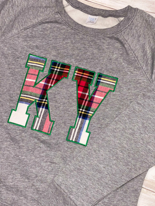 KY Buffalo plaid red, white and green embroidered sweatshirt