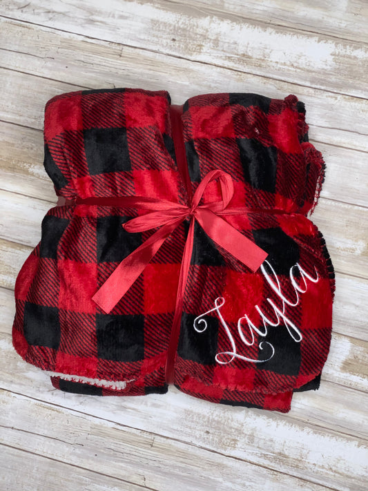 Custom embroidered Name Sherpa fleece blanket Buffalo plaid red and black