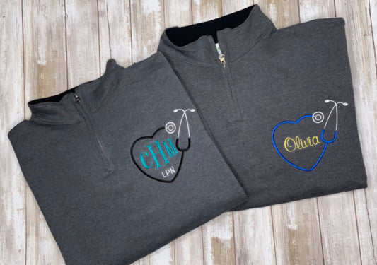 Nurse stethoscope monogram Quarter Zip Sweatshirt | Nurse Zip Pullover | nurse gift