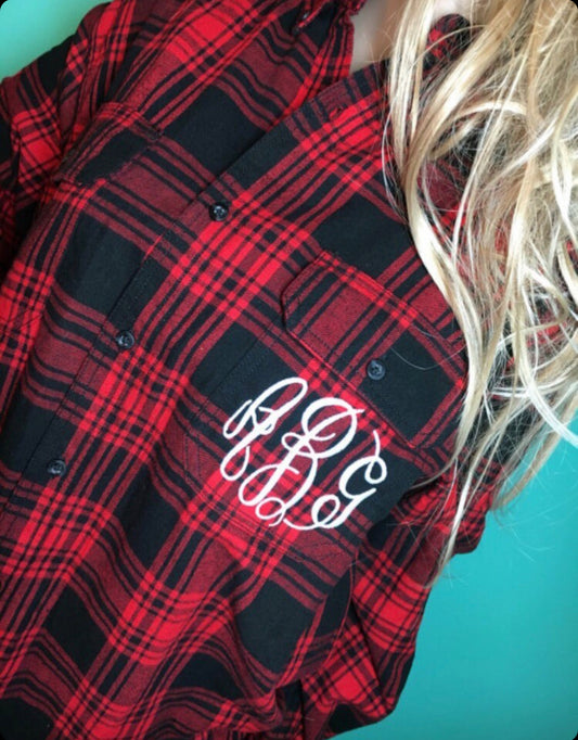 Monogrammed flannel, lumberjack flannel, red and black flannel