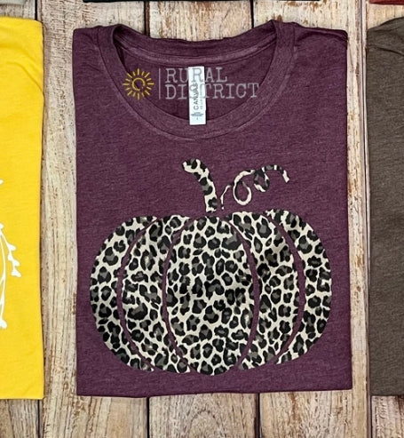 Fall cheetah pumpkin heather maroon T-shirt