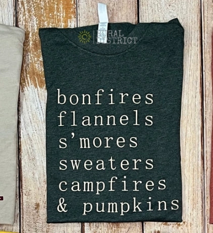 Fall bonfires flannels s’mores campfires & pumpkins heather green T-shirt